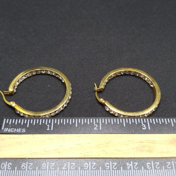 Gold Rhinestone Hoop Earrings 316L Stainless Steel Pierced 1.5" Vintage - Picture 7 of 9